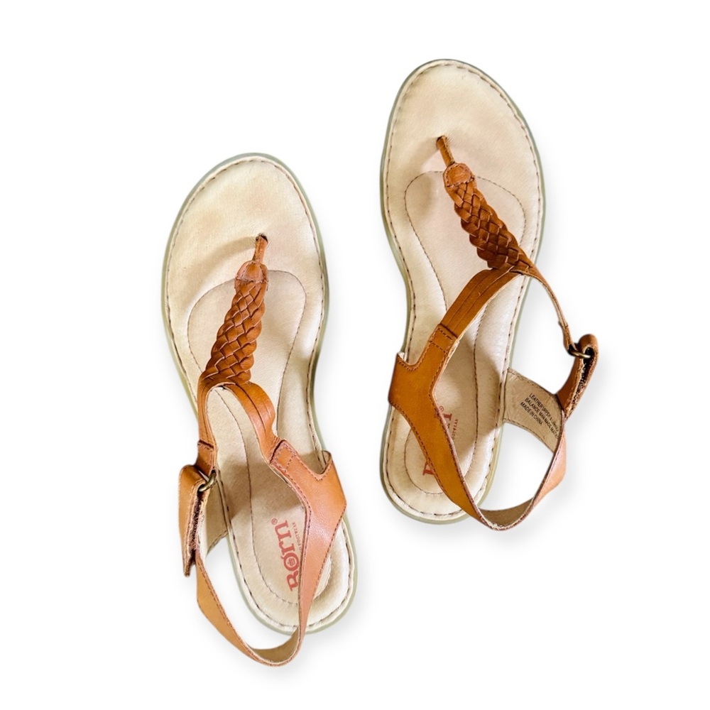 BORN Yarrow Braided Leather Ankle T-Strap Flat Sandals, Cognac Tan sz. 8M - Picture 15 of 16
